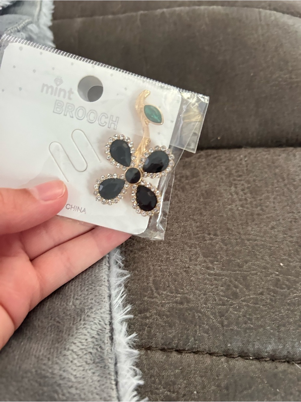 5/$25 Mint Black Crystal Flower Brooch with Gold Tone Stem and Teal Accent